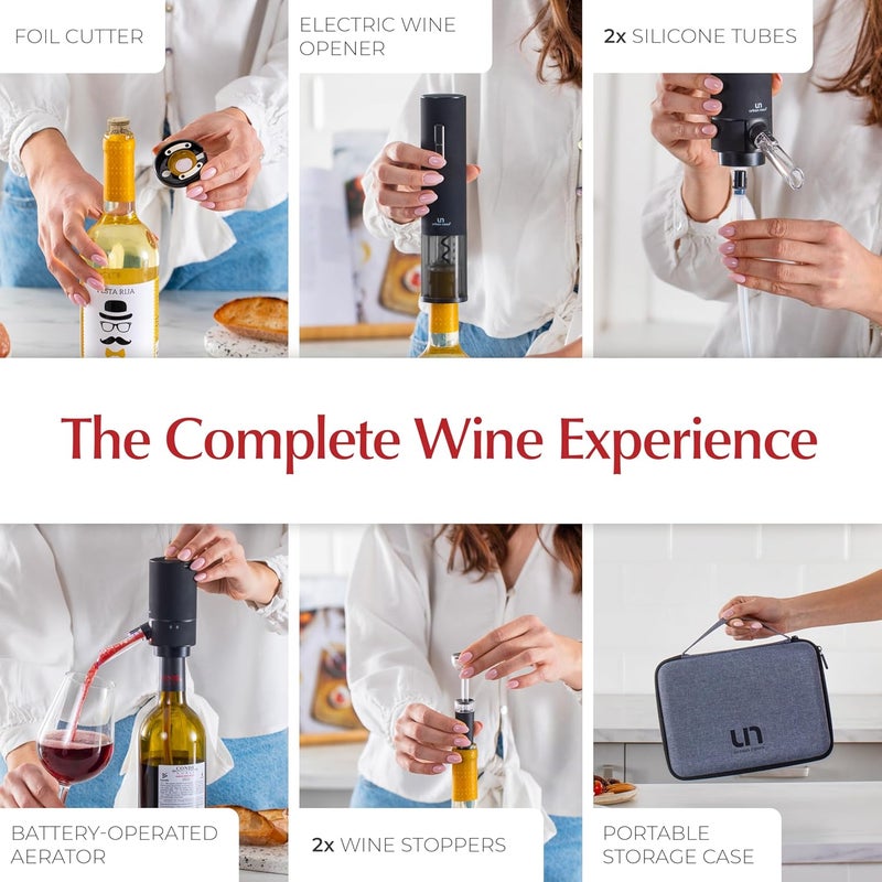 urban noon Rechargeable Electric Wine Opener Set with Aerator, Foil Cutter & Vacuum Stoppers – Automatic Wine Bottle Opener Kit with Portable Case – 7 Piece Wine Gift Set (Black Matte) - Image 2